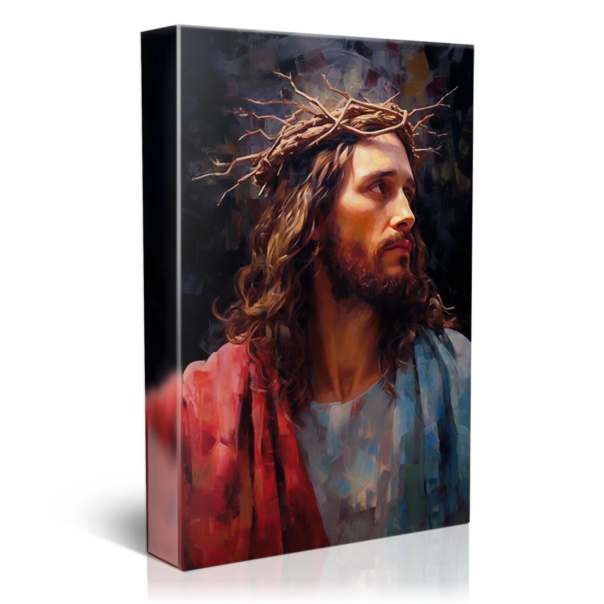 Jesus Christ Canvas Art – Large Canvas Painting with Crown of Thorns and Wood Frame