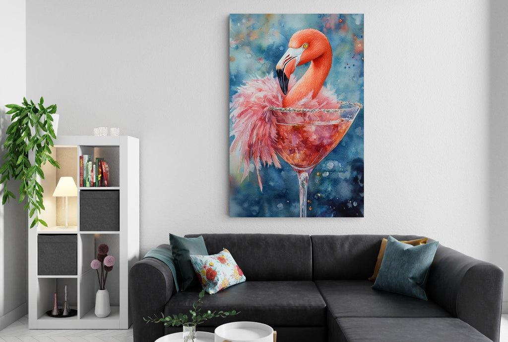 a large painting of a flamingo in a martini glass, hanging on a wall above a black couch with colorful throw pillows.
