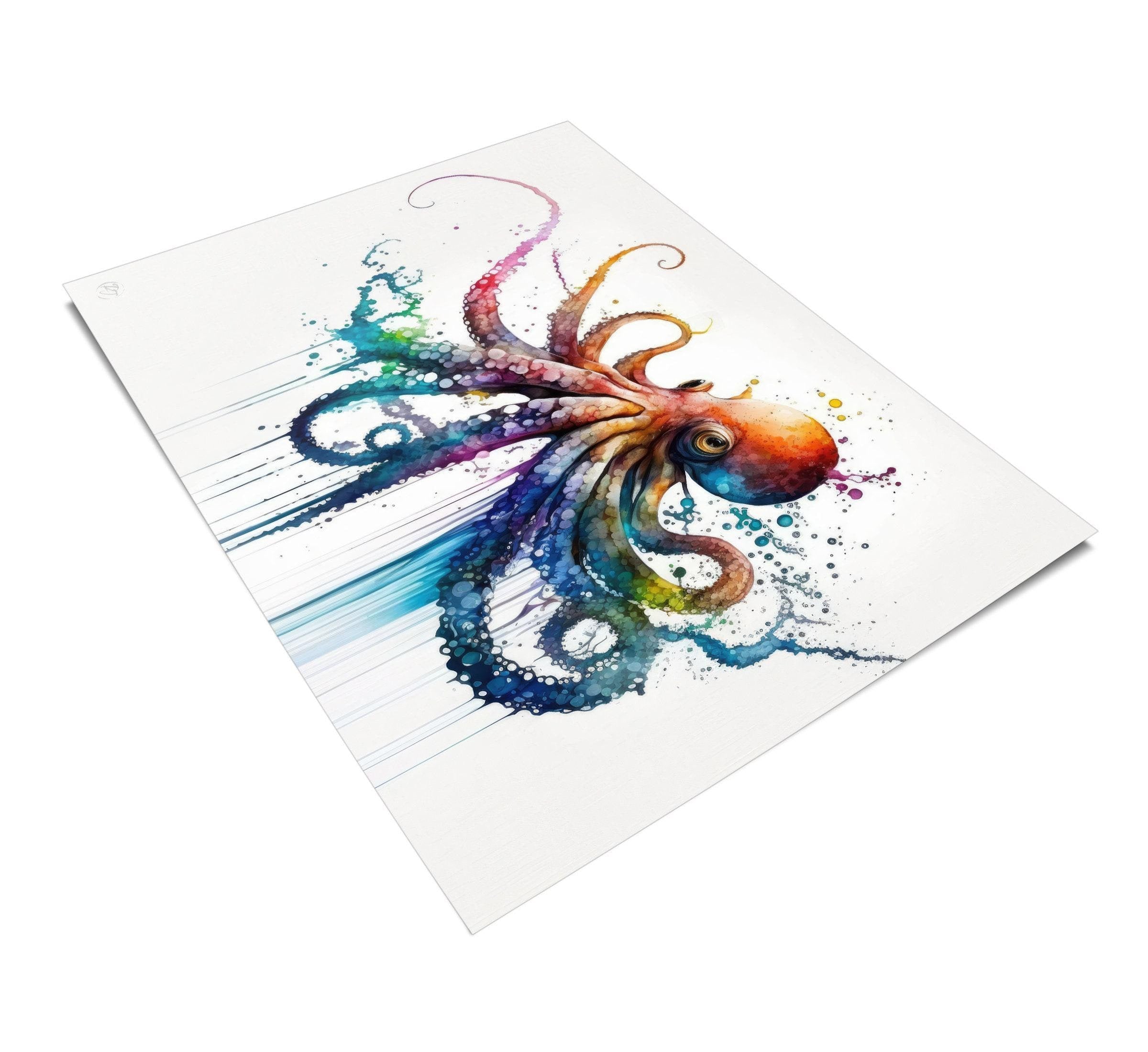 The image is a vibrant and colorful painting of an octopus, featuring a variety of hues and patterns that create a lively and dynamic visual representation of the marine creature.