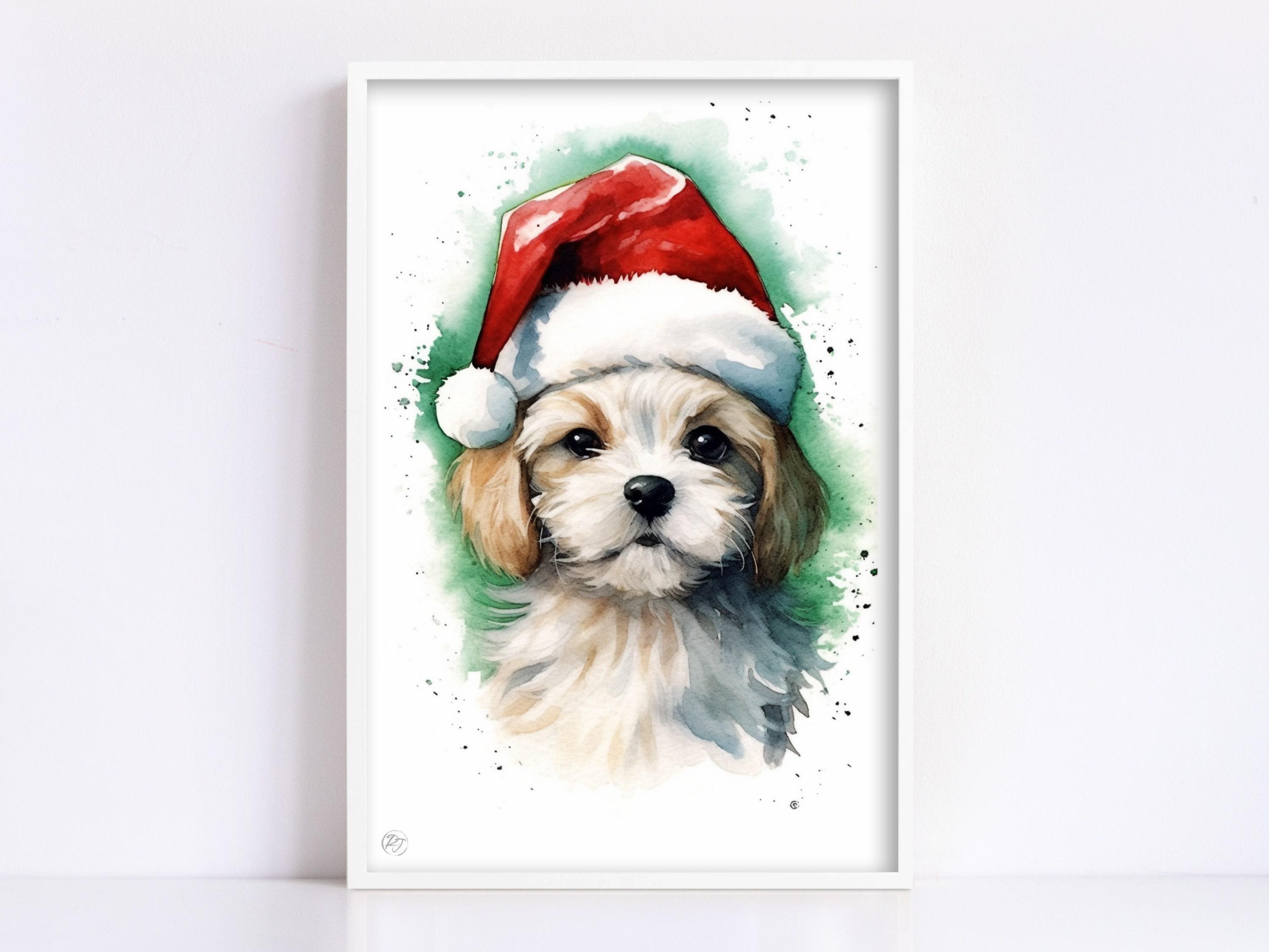 Adorable Puppy in Santa Hat Watercolor Art Print, Giclee Print on Canvas, Artist Paper, Watercolor Paper, Available in Extra Large Sizes