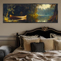 a bed with a large painting above it