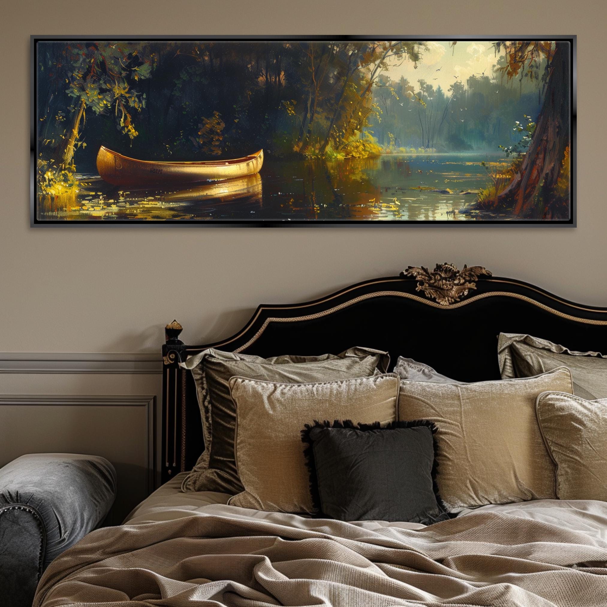 a bed with a large painting above it