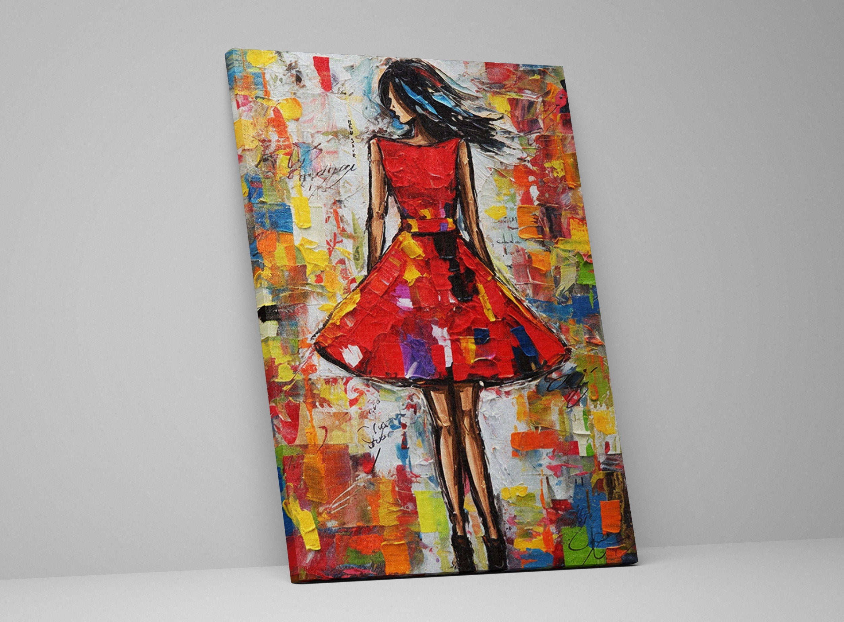 Red Dress Wall Art – Elegant Feminine Canvas Print with Impasto Painting