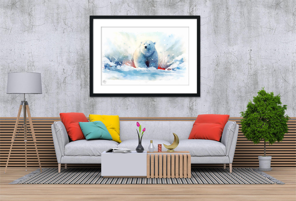 Icy Wonderland: Polar Bear Watercolor Painting - Giclee Print on Canvas, Artist Paper, Watercolor Paper, Available in Extra Large Sizes