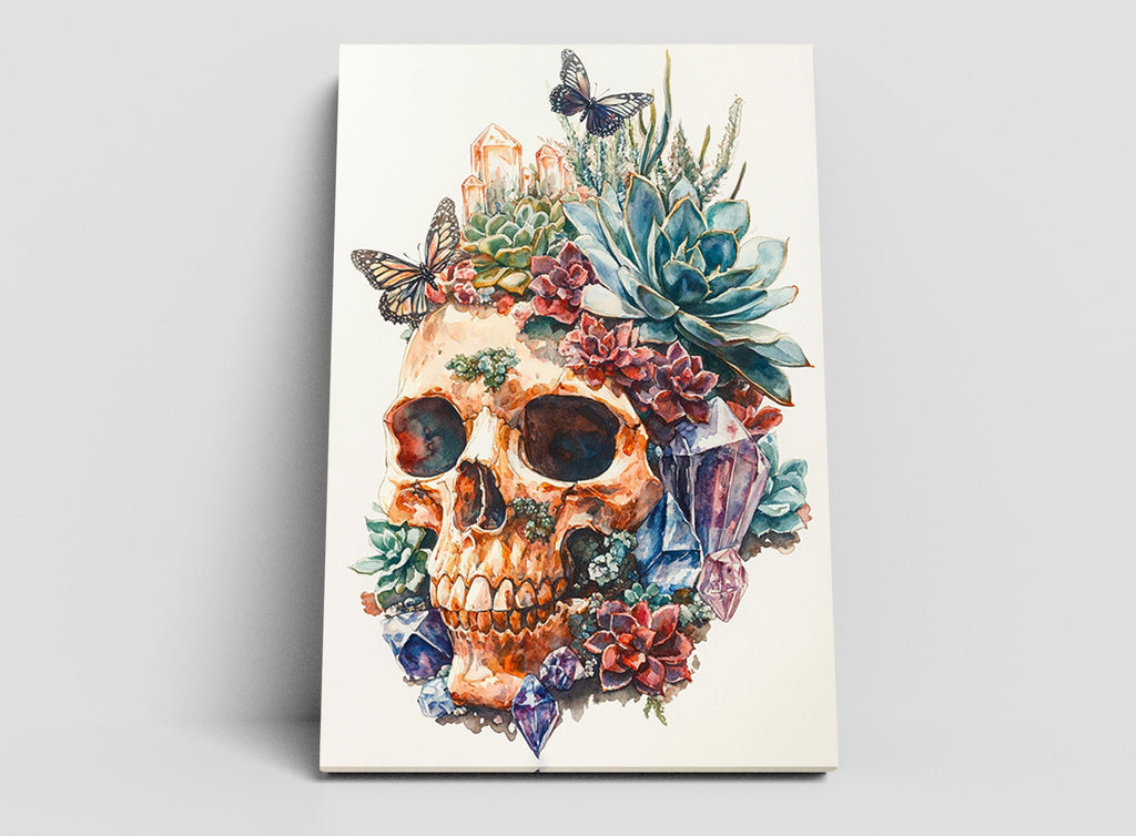 The image is a painting of a skull surrounded by various colorful flowers and plants, creating a vibrant and intricate floral arrangement.