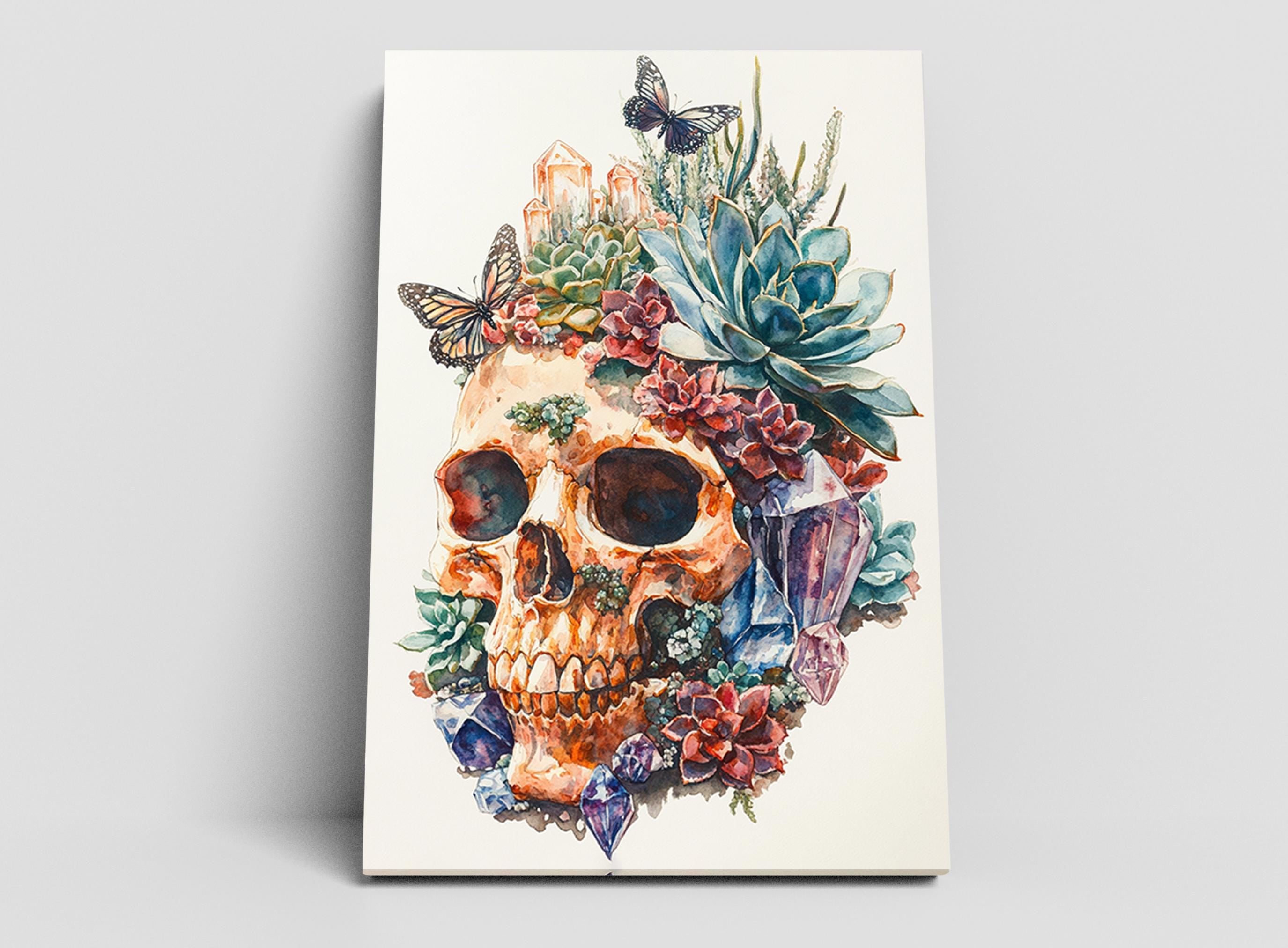 The image is a painting of a skull surrounded by various colorful flowers and plants, creating a vibrant and intricate floral arrangement.