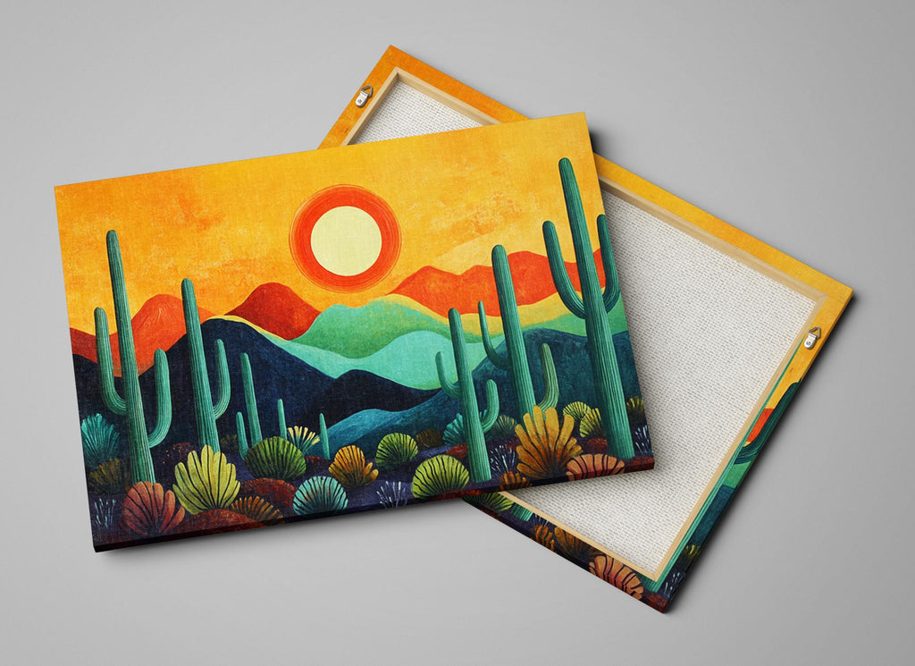 a painting of a desert scene with cactus trees