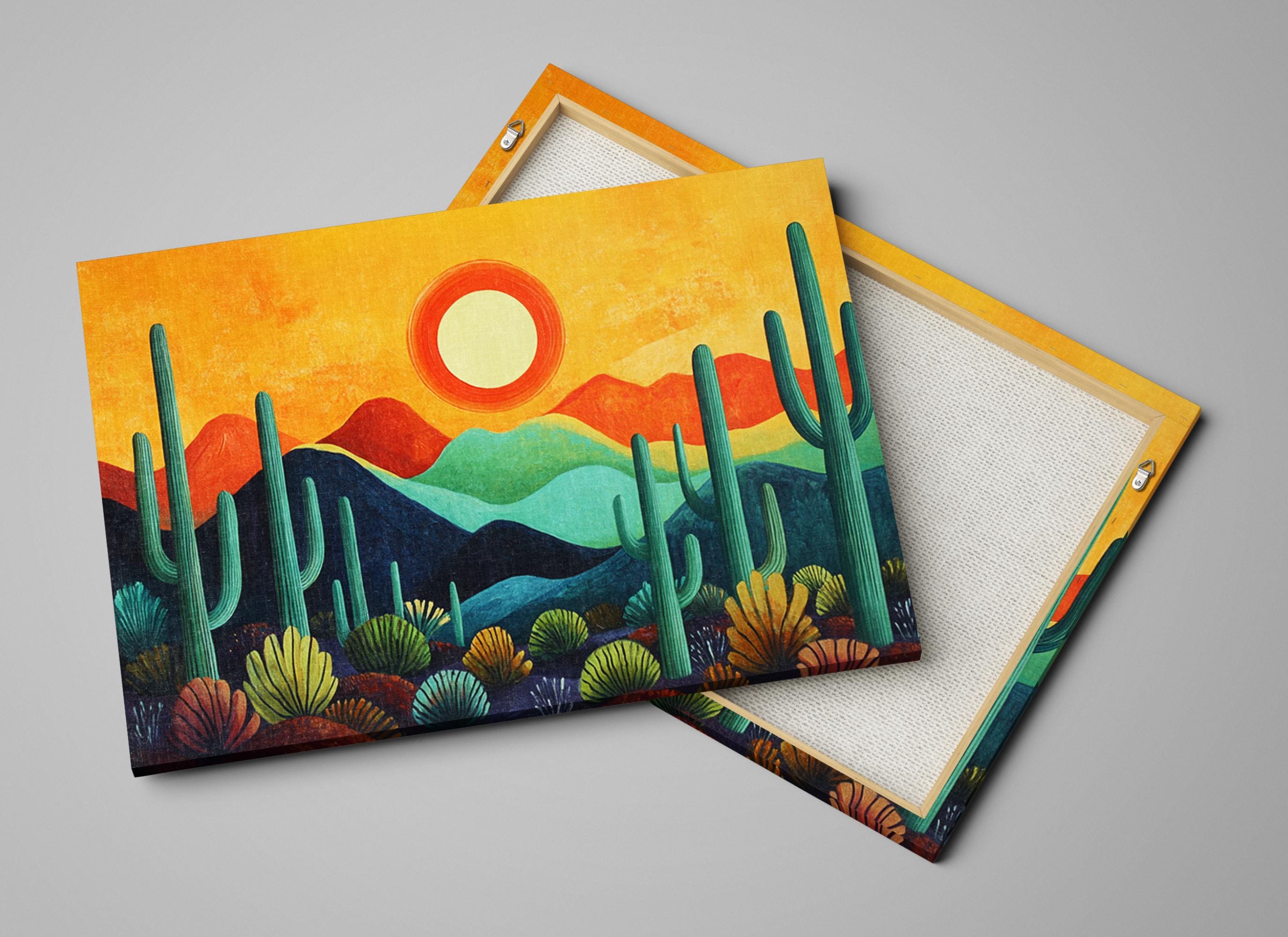 a painting of a desert scene with cactus trees