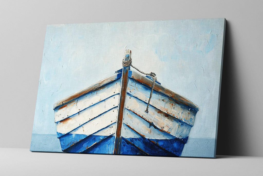 Blue White Wooden Boat - Nautical Wall Art | Large Gallery Wrapped Canvas Print