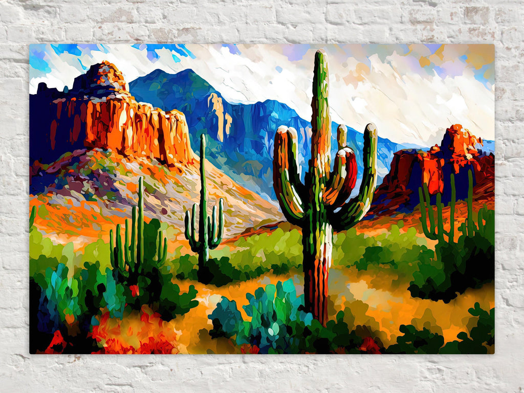 A vibrant, colorful painting depicting a desert landscape with towering mountains, cacti, and a bright blue sky with fluffy clouds.