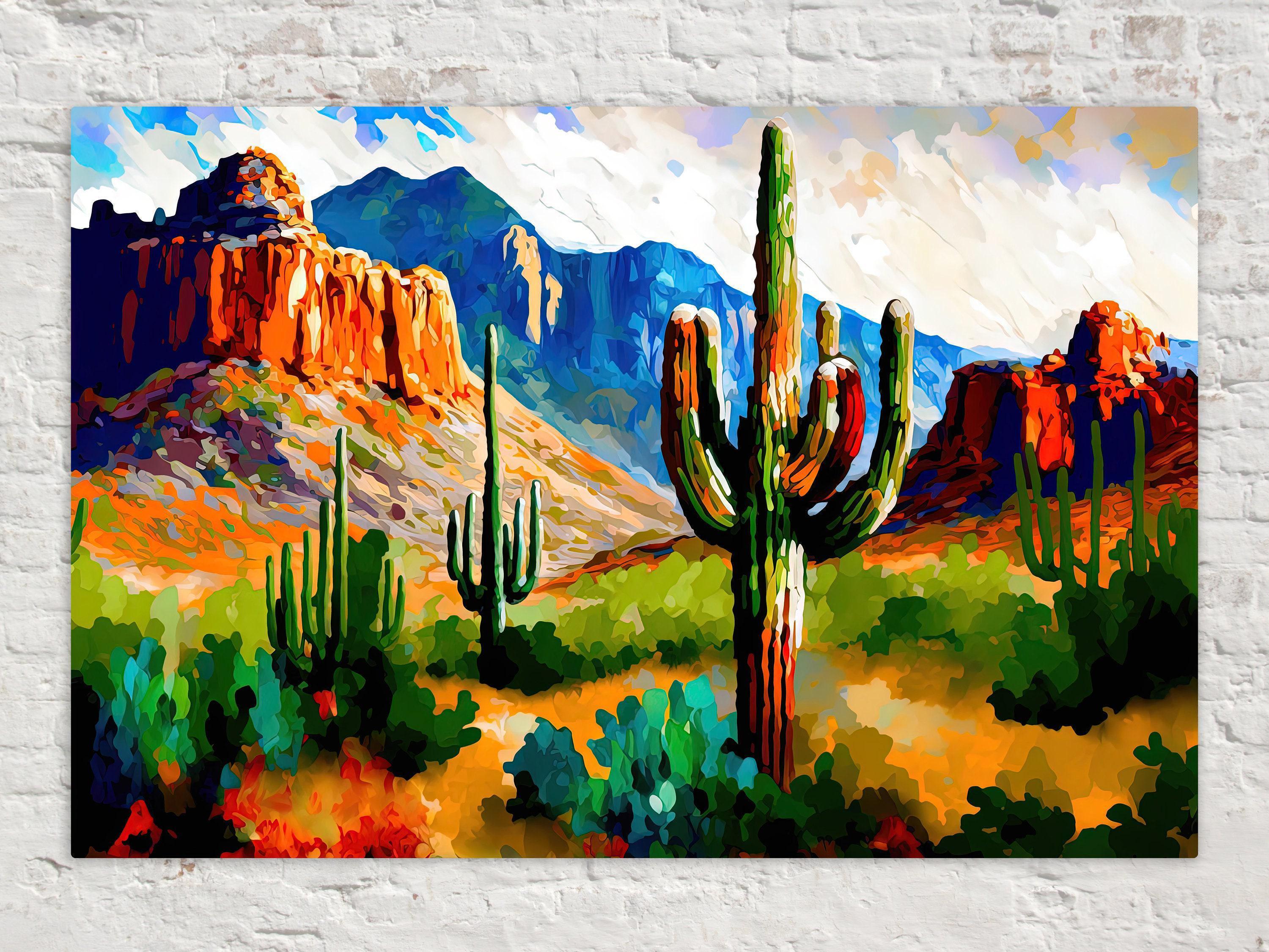 A vibrant, colorful painting depicting a desert landscape with towering mountains, cacti, and a bright blue sky with fluffy clouds.