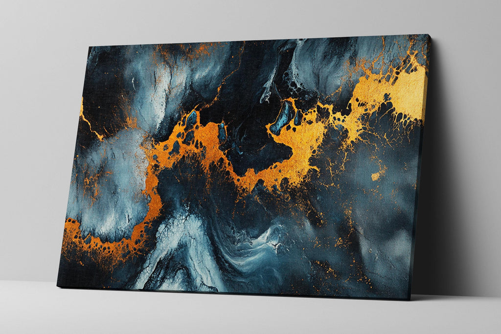 an abstract painting with yellow and blue colors