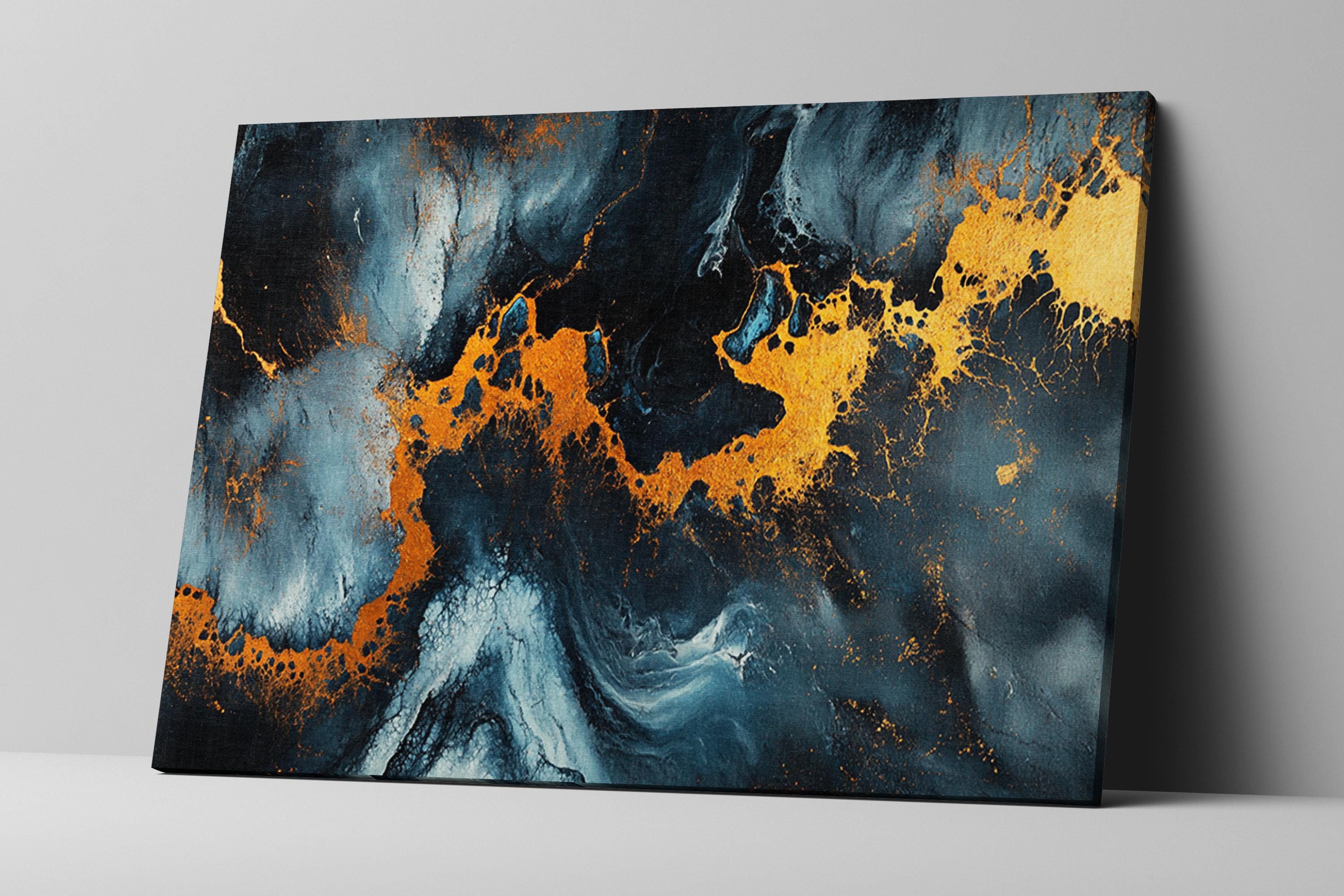 an abstract painting with yellow and blue colors