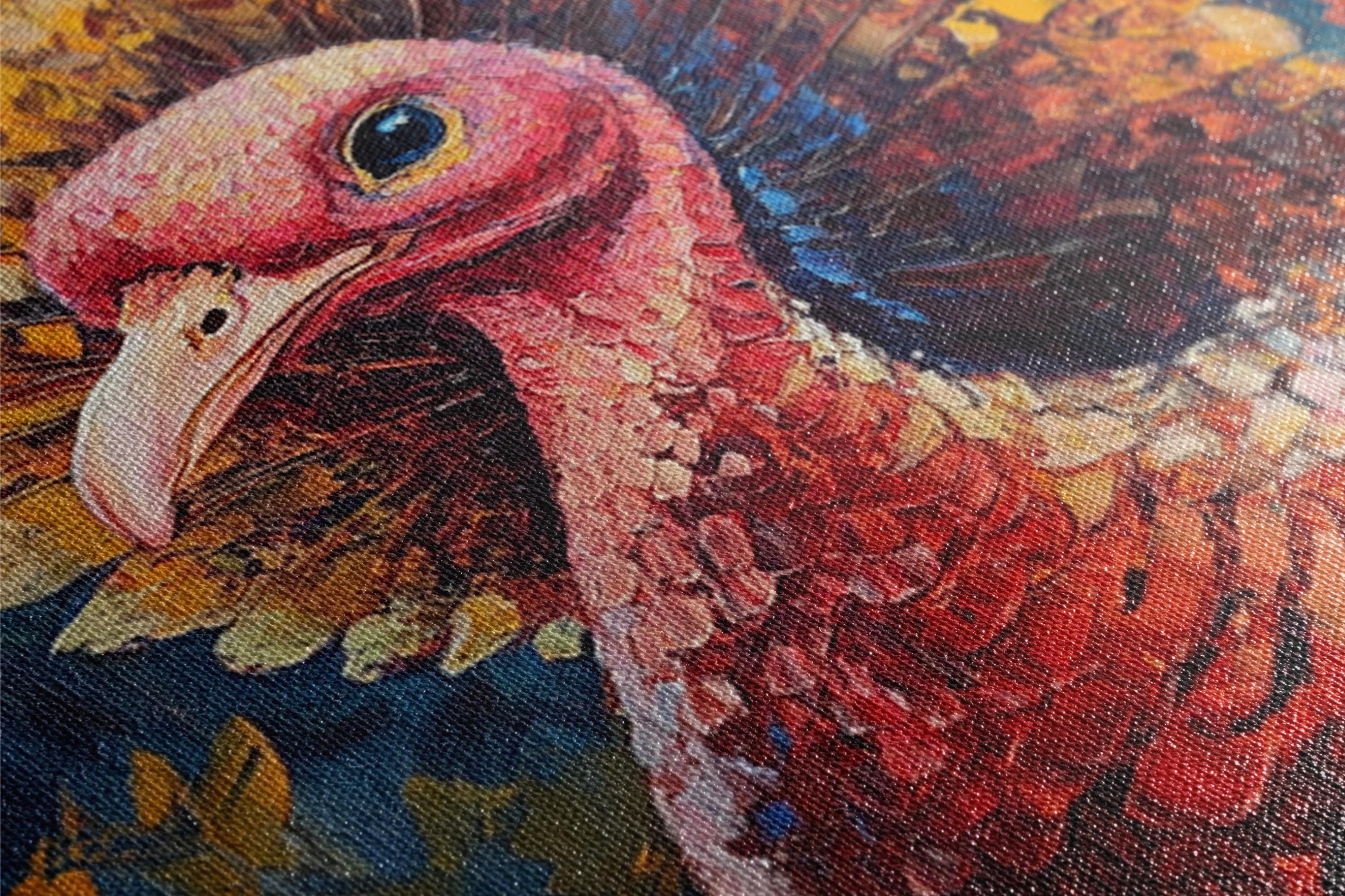 A close-up of a vibrant, colorful painting depicting a detailed, realistic depiction of a bird, possibly a turkey, with its distinctive features and feathers.