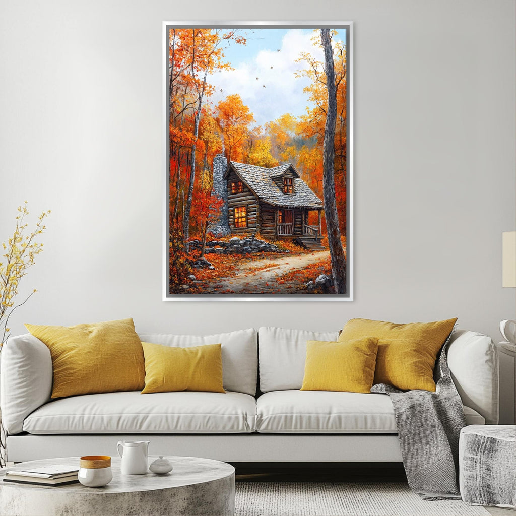 a cozy cabin nestled in a picturesque autumn forest, with vibrant orange and yellow foliage surrounding the rustic wooden structure.