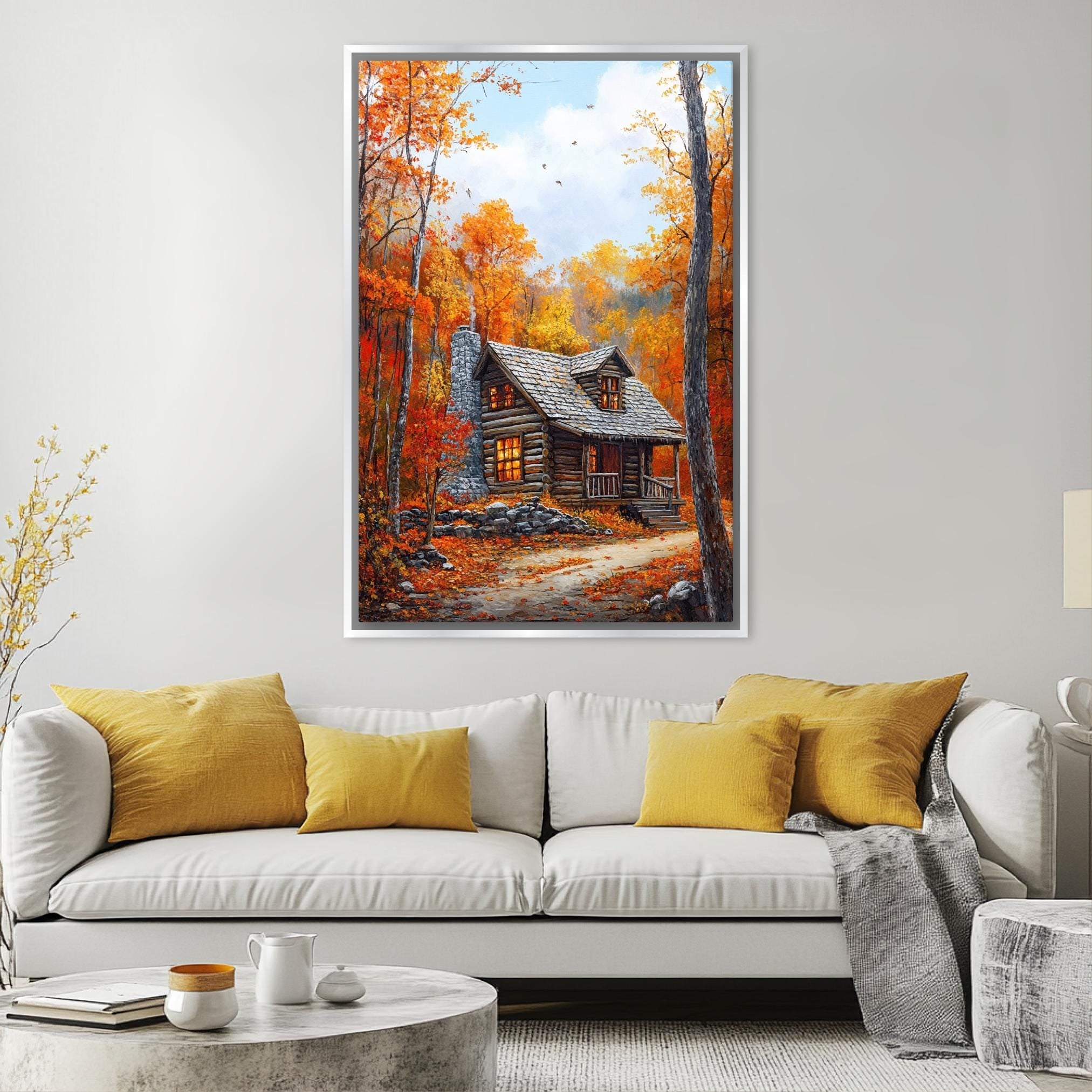 a cozy cabin nestled in a picturesque autumn forest, with vibrant orange and yellow foliage surrounding the rustic wooden structure.