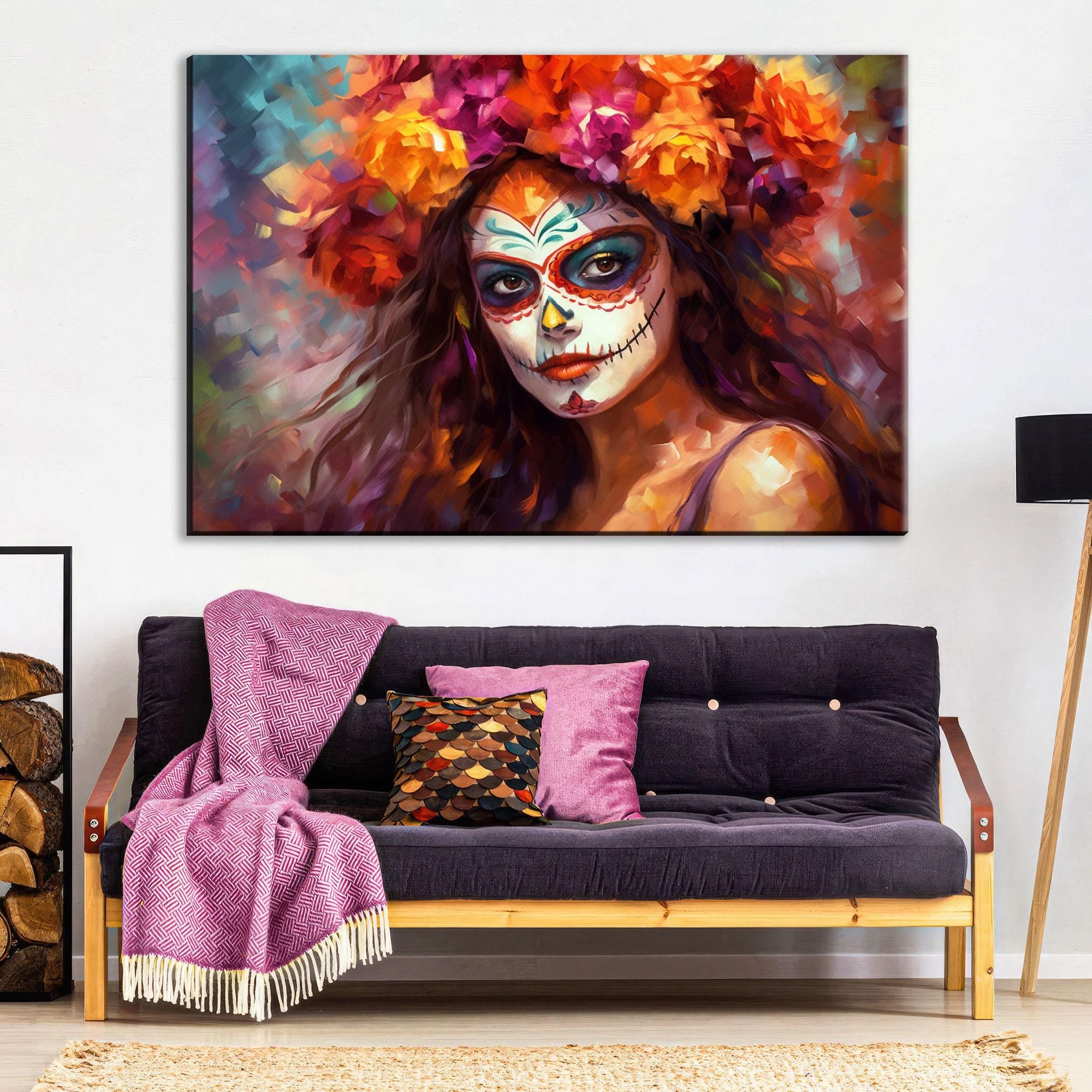 Day of the Dead Art - Mexican Woman Sugar Skull Canvas | Gallery Wrapped Large Floral Skull Decor