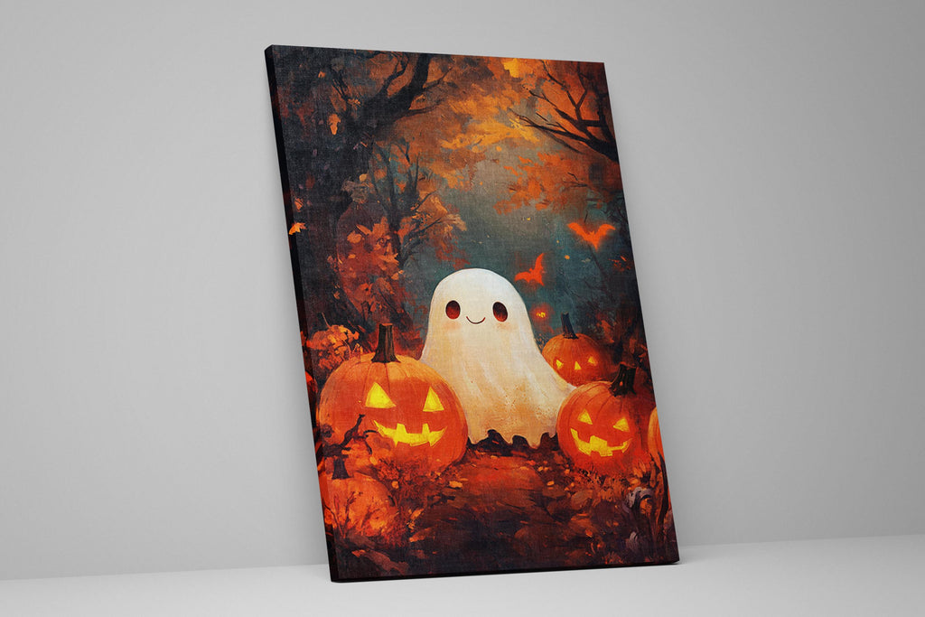 Cute Ghost Wall Art – Extra Large Halloween Canvas | Festive Pumpkin Painting