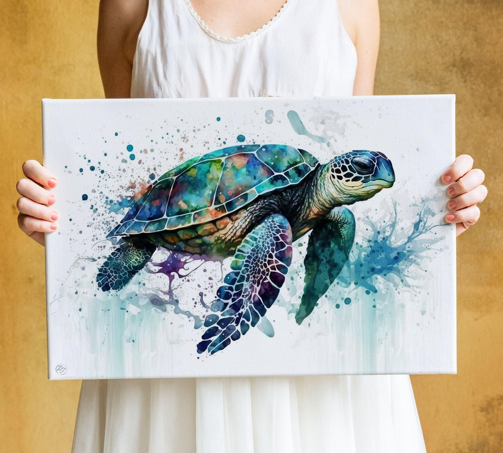 A person is holding a canvas print featuring a colorful illustration of a sea turtle swimming in the ocean.