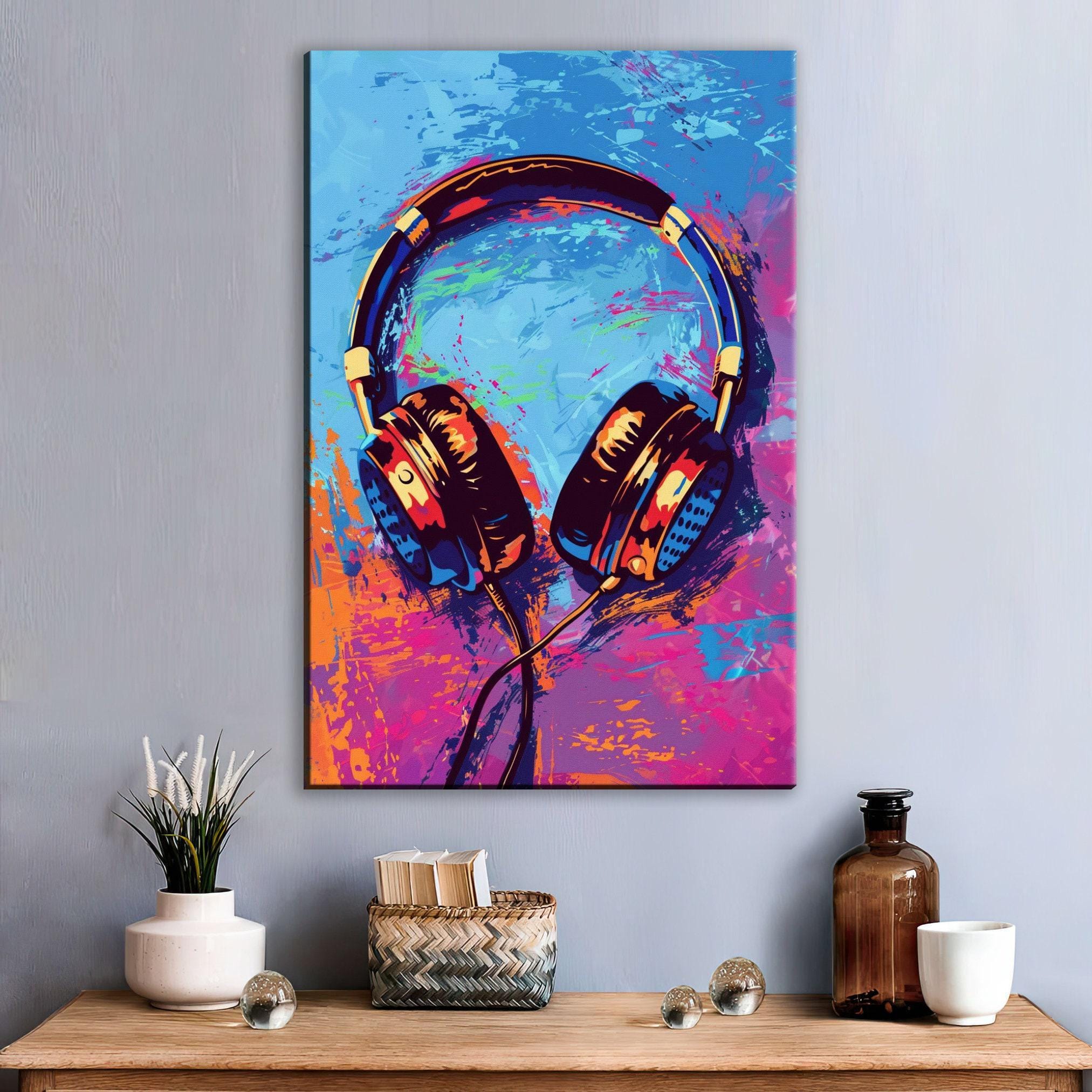 Colorful Pop Art - Retro Headphones Wall Art | Large Canvas Print, Music Lovers Gift