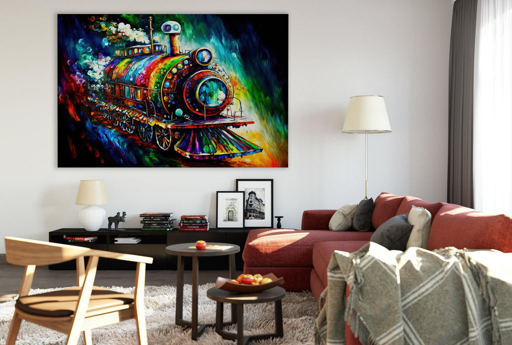 Steampunk Train Art – Colorful Locomotive Canvas with Vibrant Steam Engine Artwork