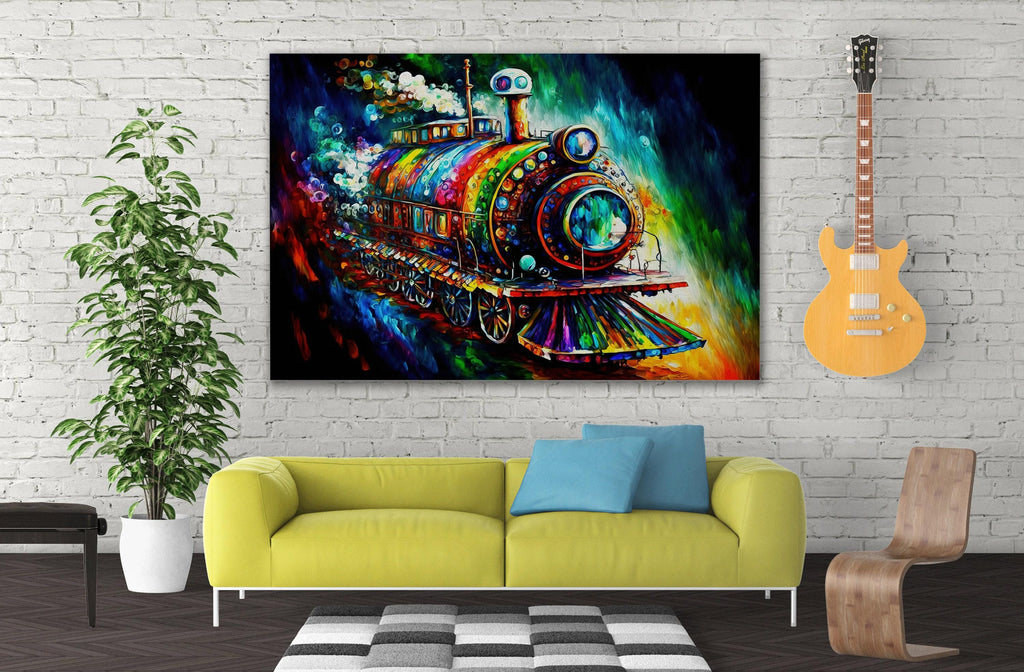 Steampunk Train Art – Colorful Locomotive Canvas with Vibrant Steam Engine Artwork