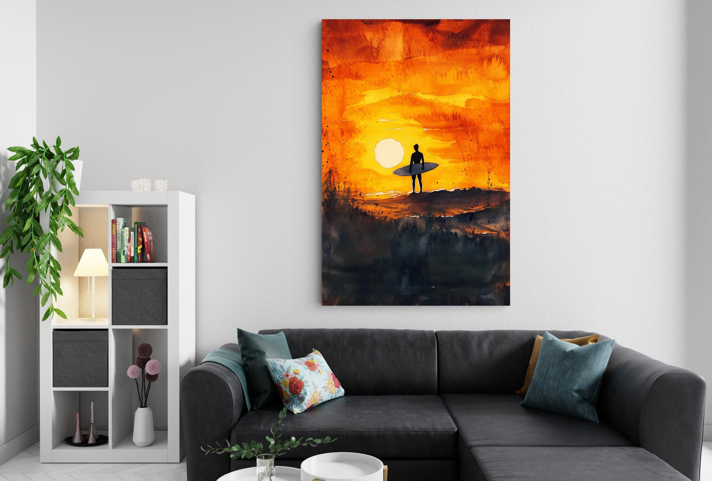 a living room with a gray sectional sofa, a bookshelf, and a large abstract painting hanging on the wall.