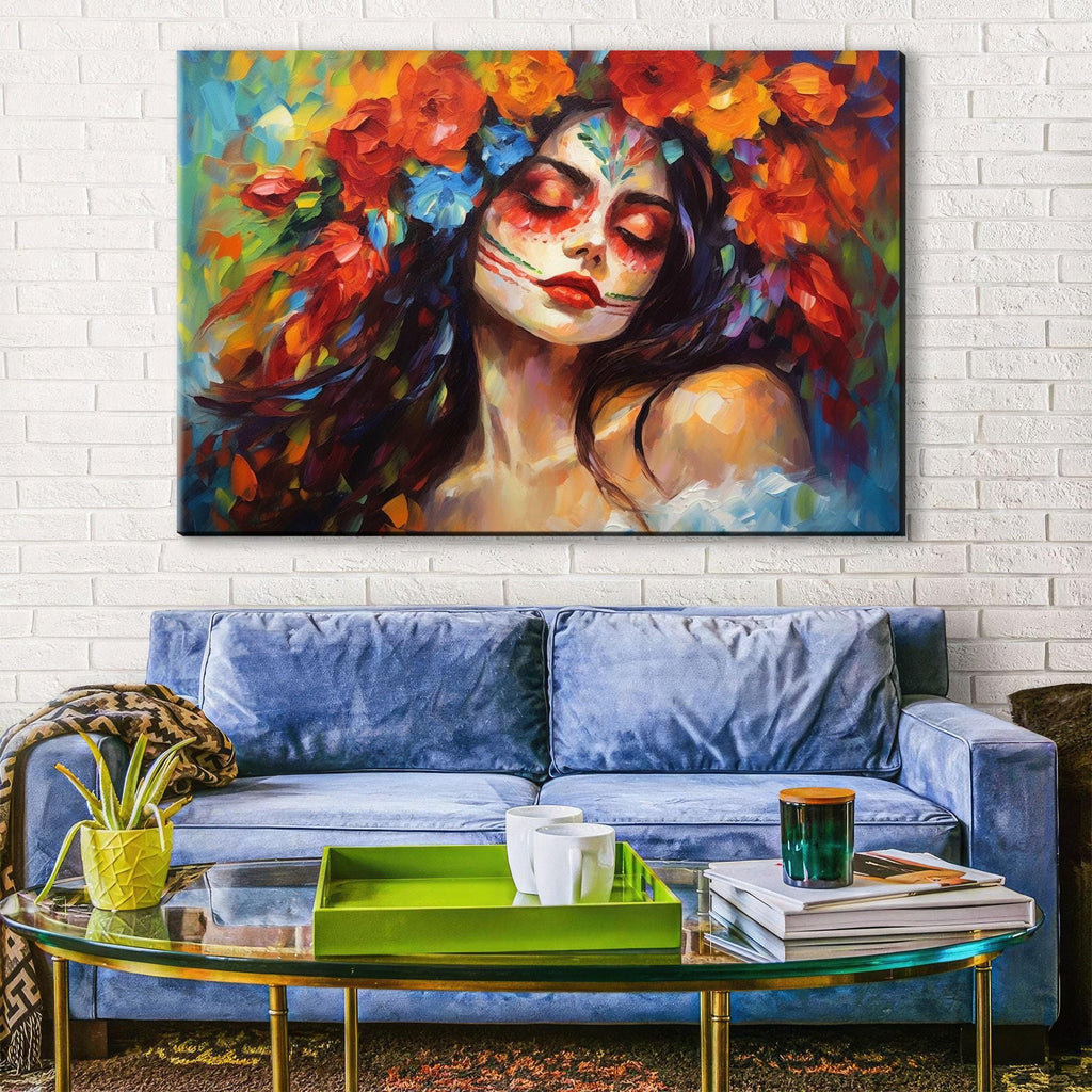 Day of the Dead Canvas – Vibrant Sugar Skull Art on Gallery Wrapped Large Wall Canvas