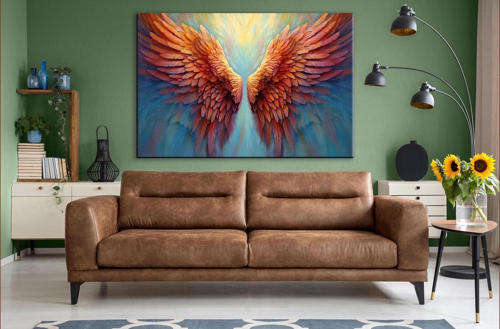 a large, vibrant painting of colorful, winged feathers hanging on a green wall above a brown leather couch in a cozy living room setting.