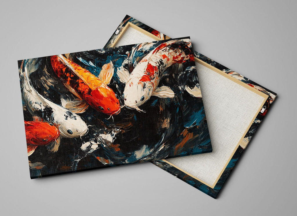 a couple of paintings of koi fish in a pond