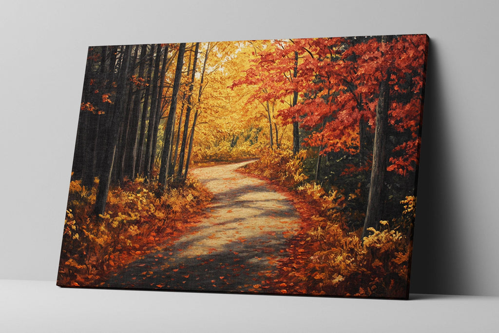 a winding path through a forest filled with vibrant autumn foliage, creating a picturesque and serene scene.