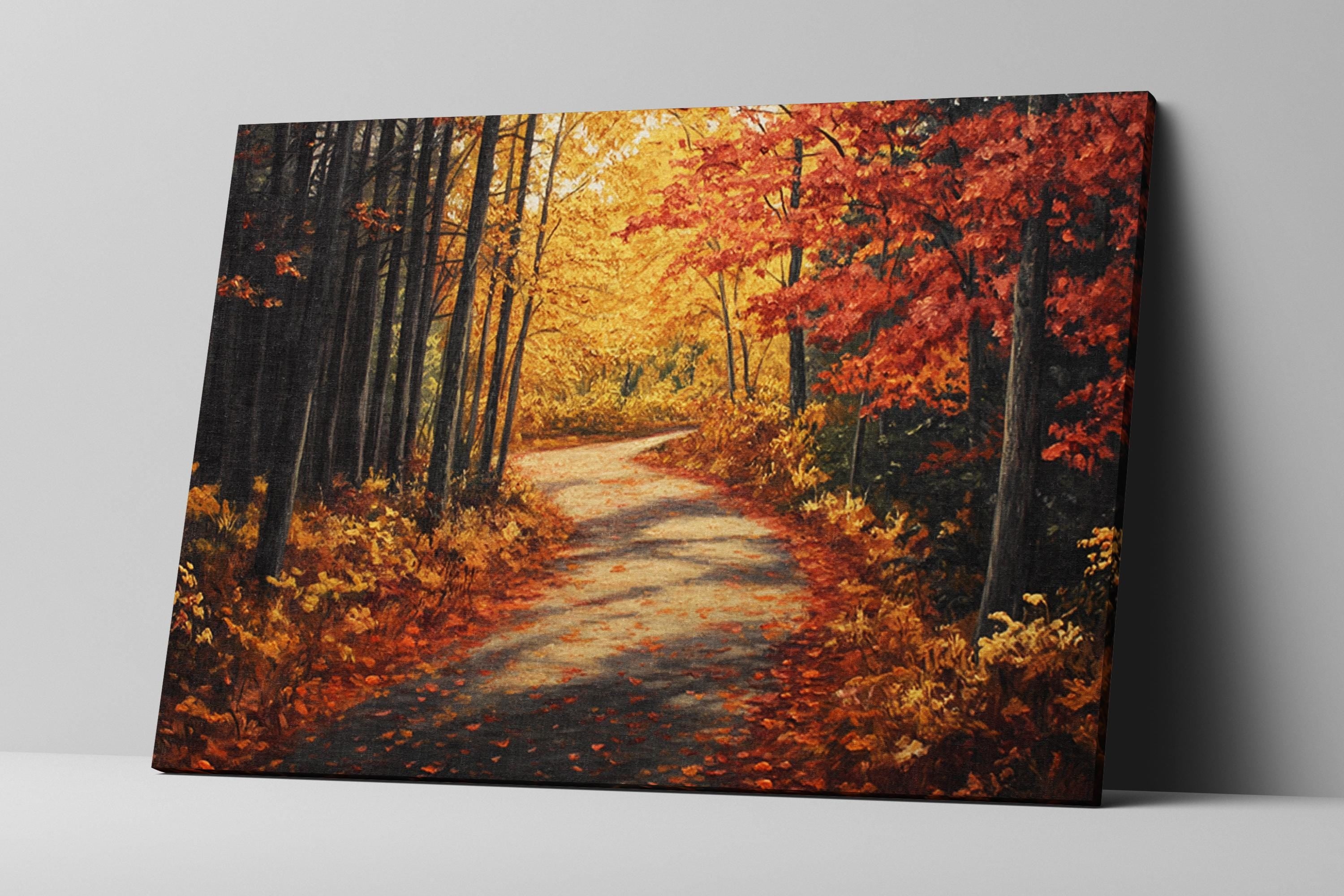 a winding path through a forest filled with vibrant autumn foliage, creating a picturesque and serene scene.