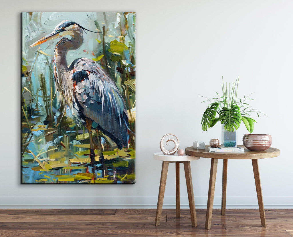 a large painting of a heron standing in a pond, with a wooden table and a potted plant in the foreground.