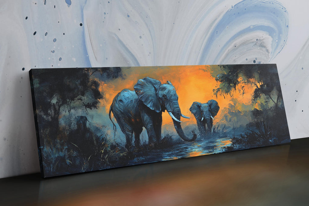 a painting of two elephants walking in a forest