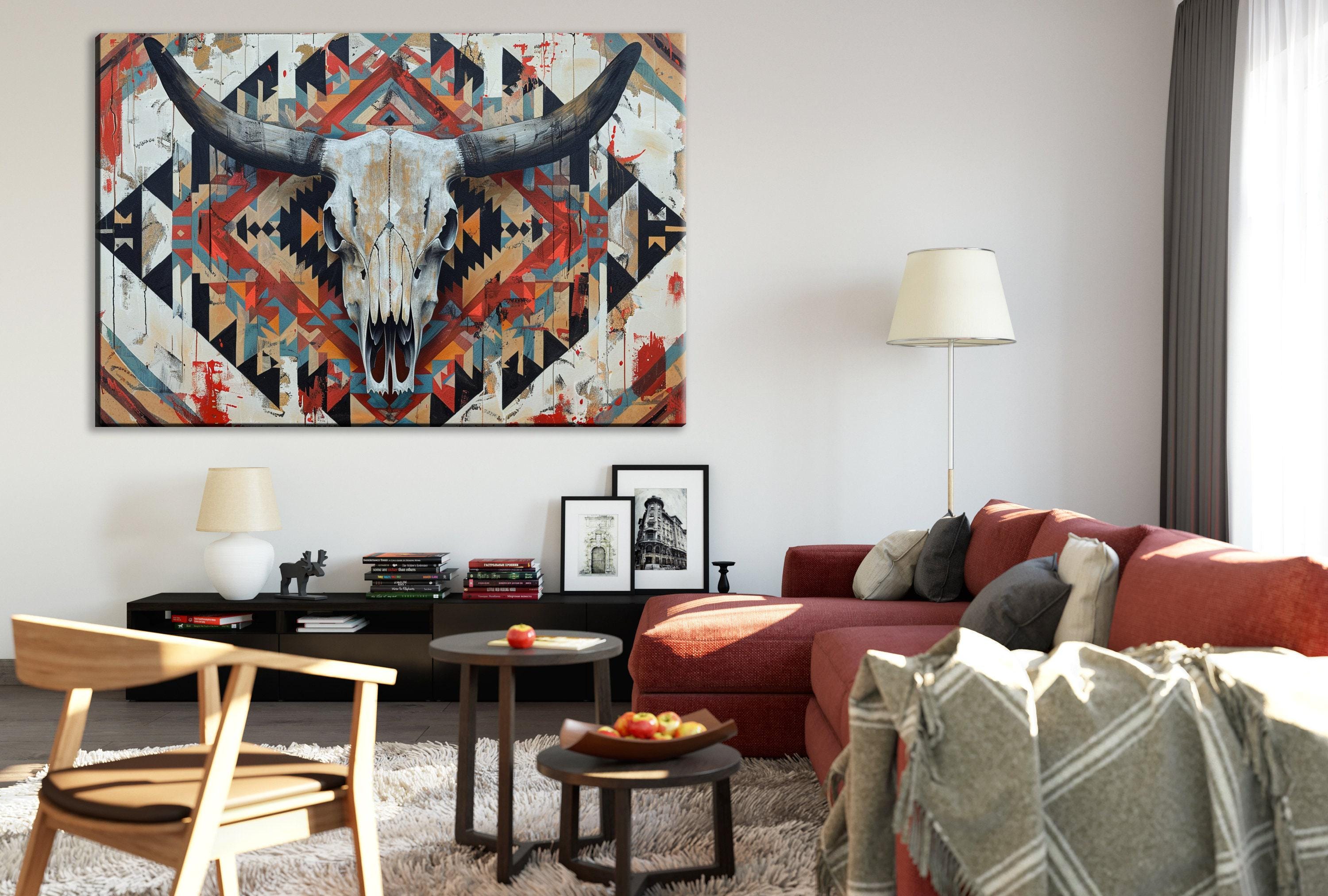 Cow Skull Wall Decor – Extra Large Canvas Art | Tribal Skull Canvas Ready to Hang