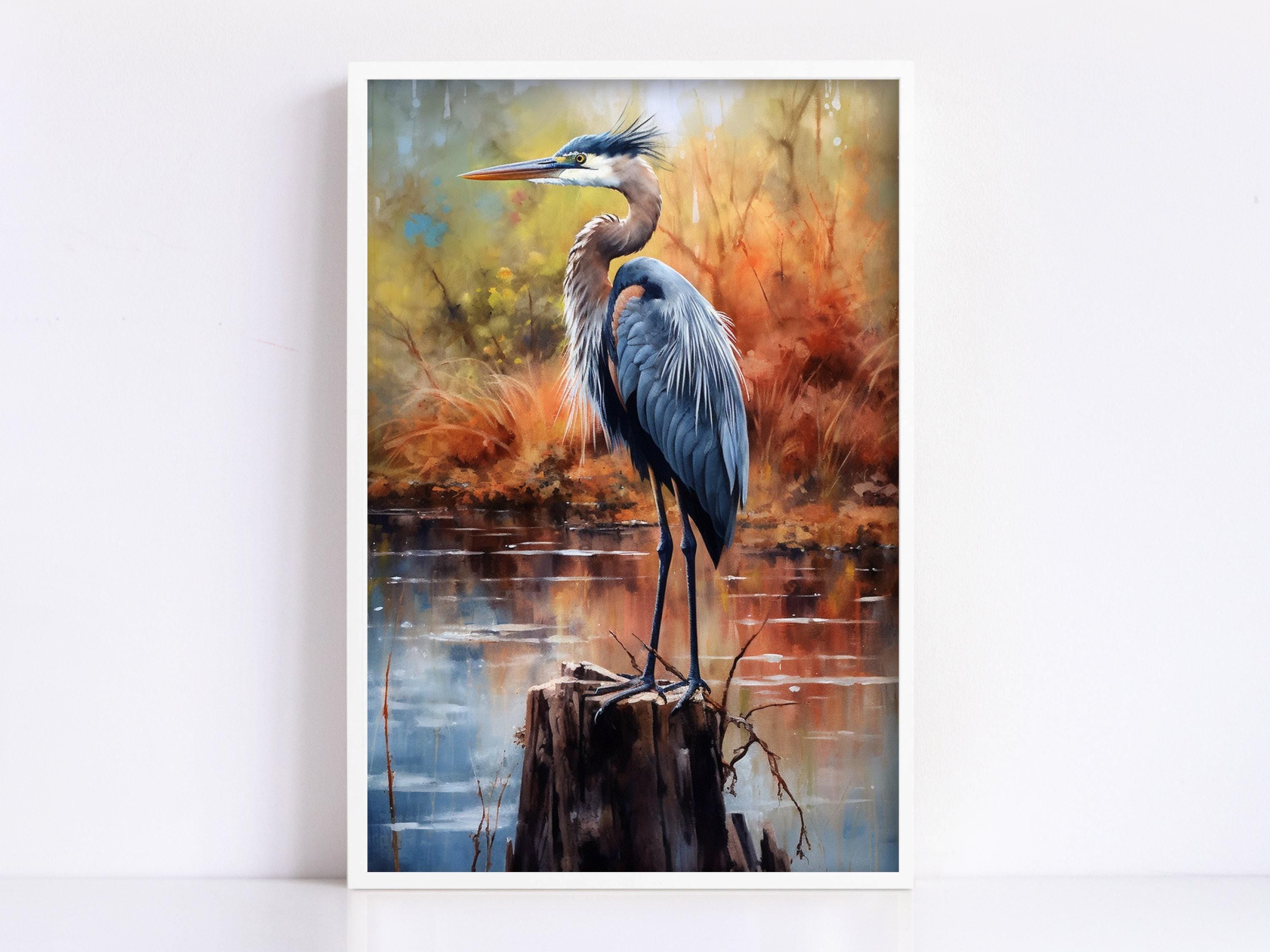 A blue heron standing on a tree stump in a pond, surrounded by autumn foliage.