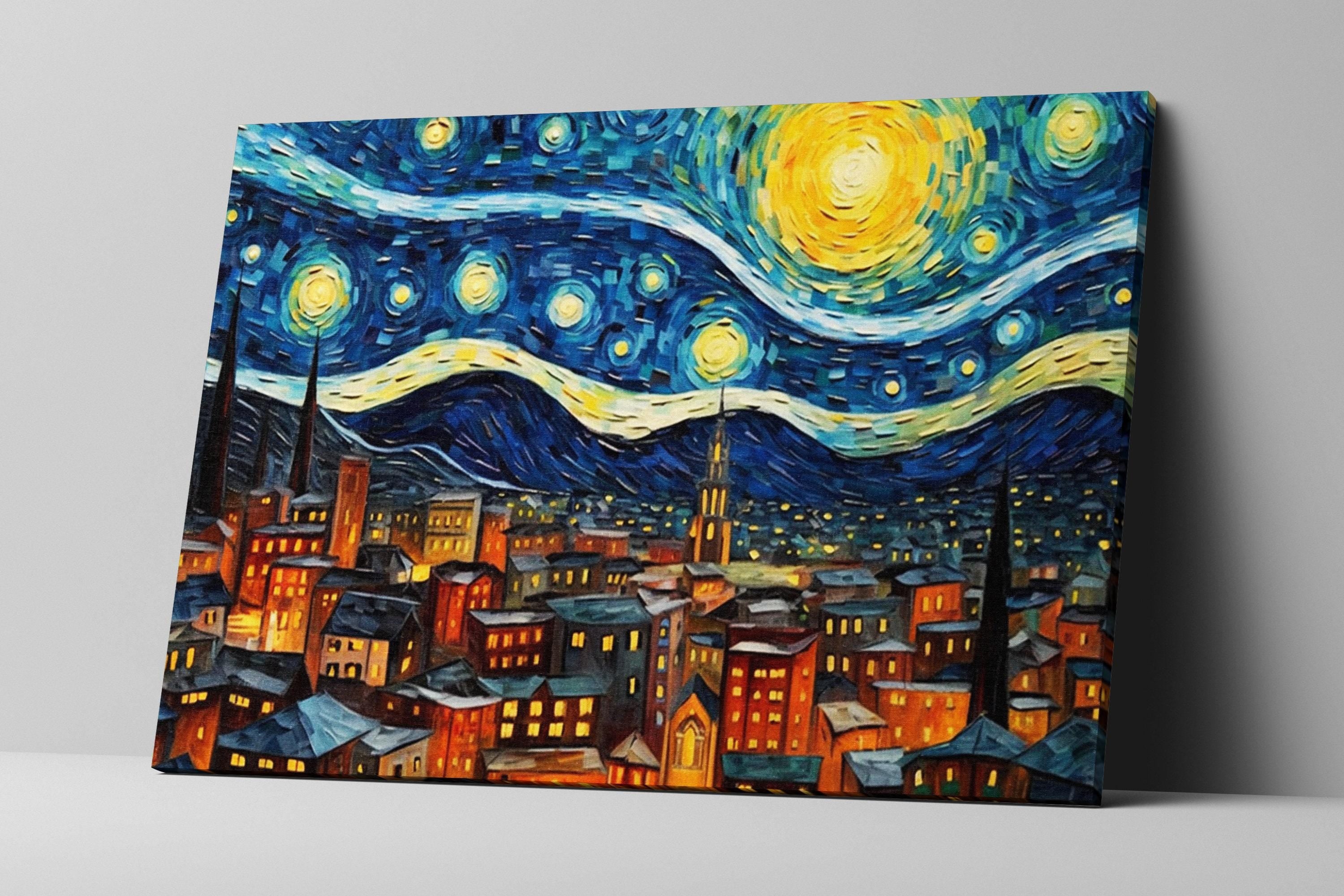 Starry Night Wall Art – Large Canvas Art | Van Gogh Inspired Print, Vibrant Night Sky Painting