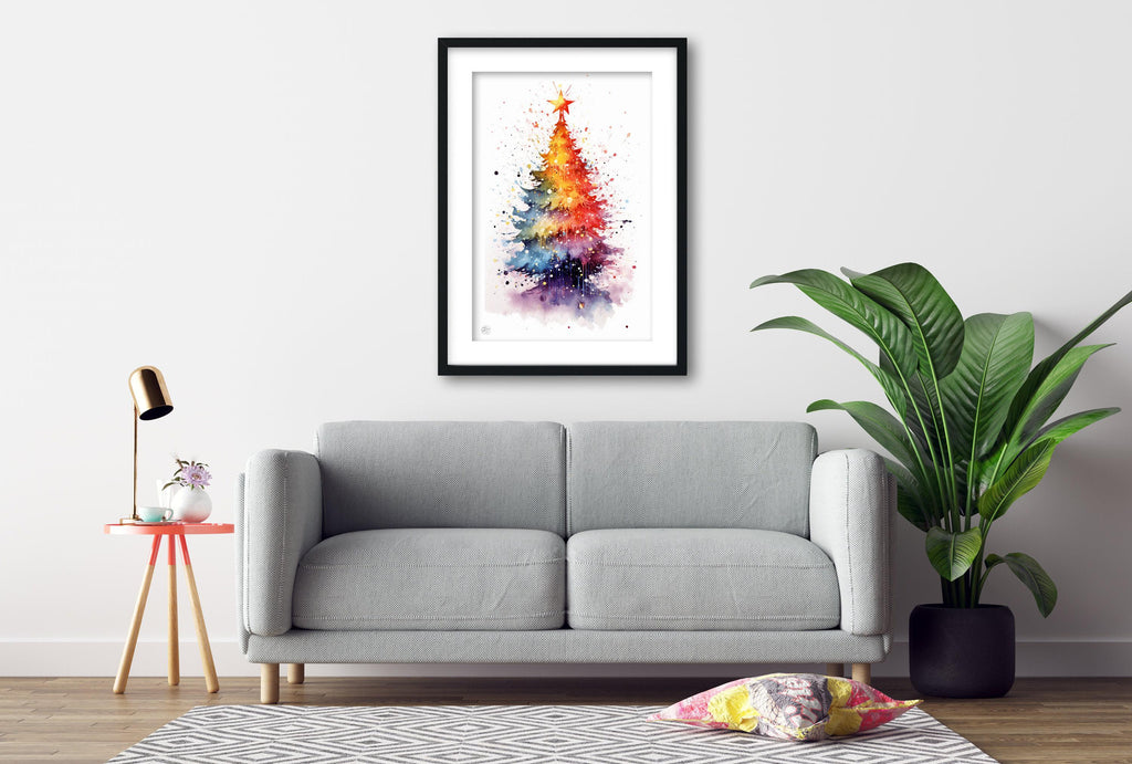 Festive Christmas Tree Watercolor - Christmas Art, Giclee Print on Canvas, Artist Paper, Watercolor Paper, Available in Extra Large Sizes