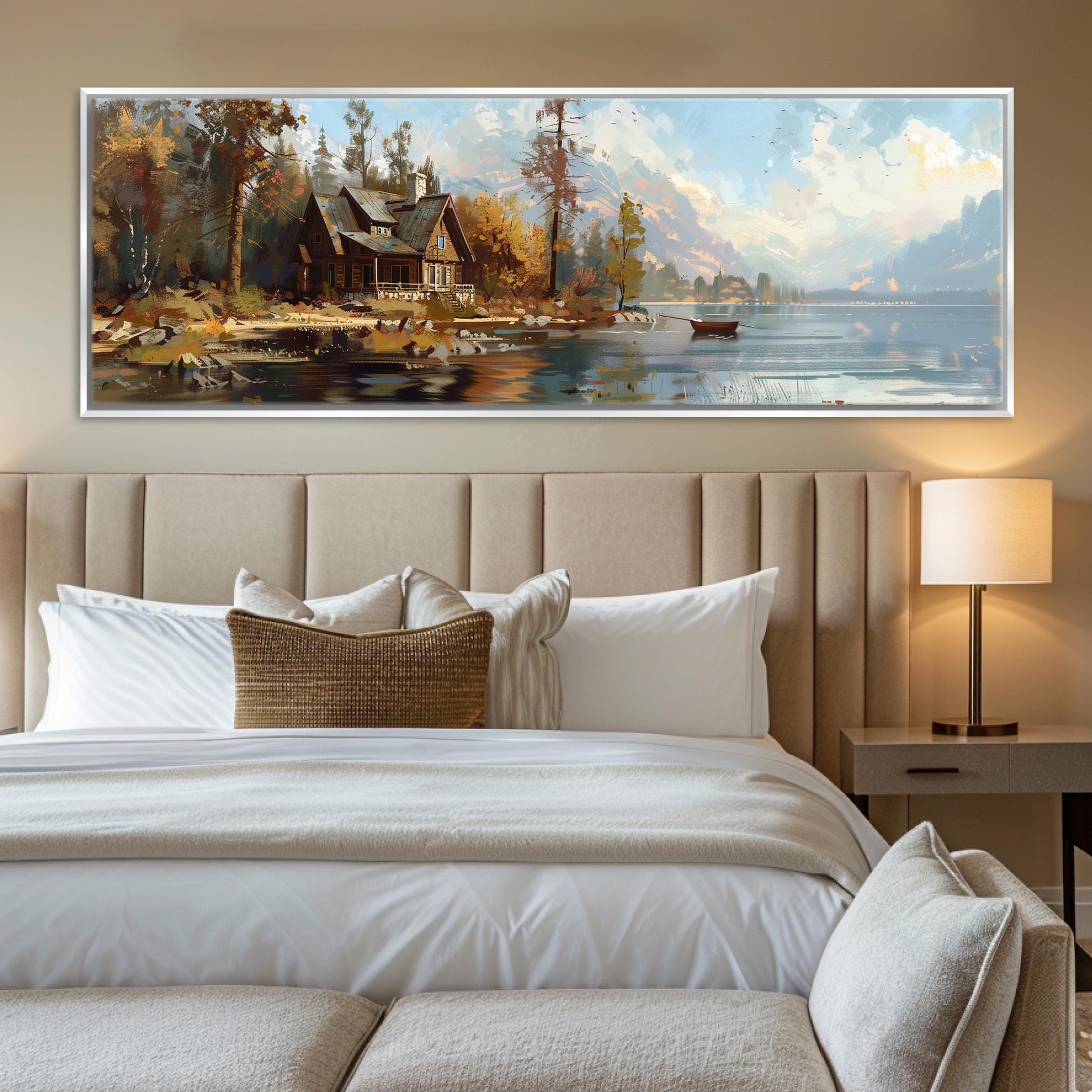 a bedroom with a large painting on the wall above the bed