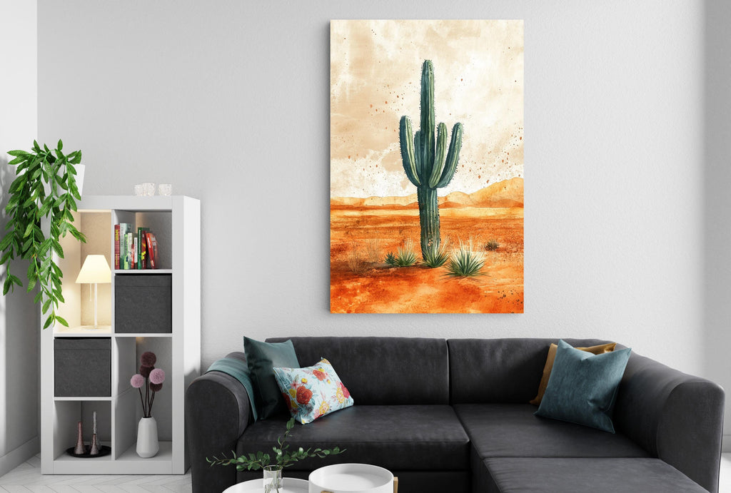 a cozy living room with a black sectional sofa, a bookshelf with various books and decorative items, and a large painting of a cactus on the wall.