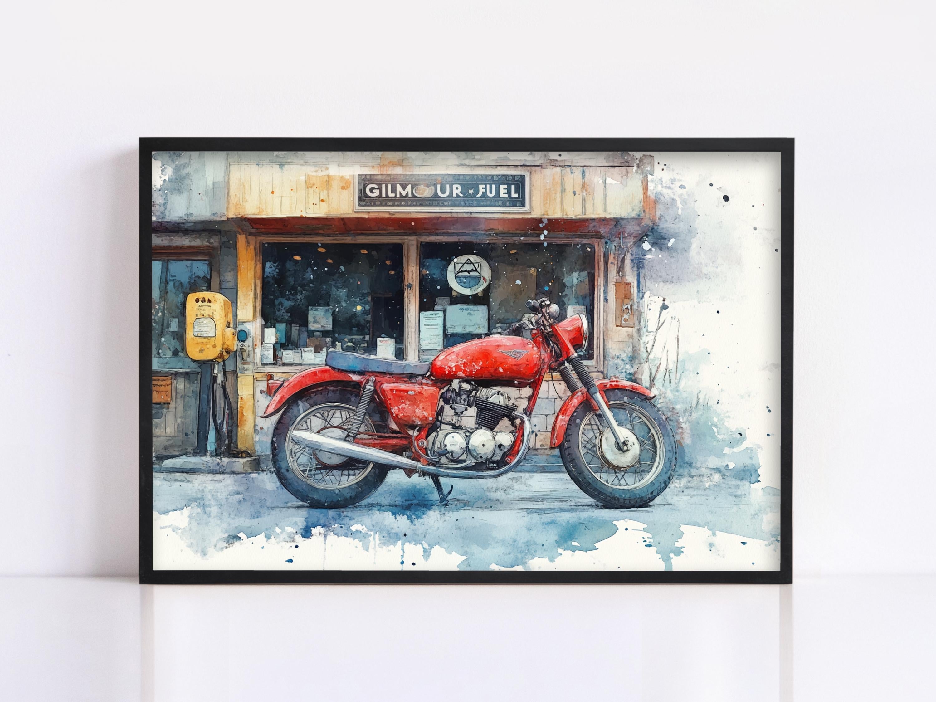 A red motorcycle parked in front of a gas station named "GILMOUR FUEL".