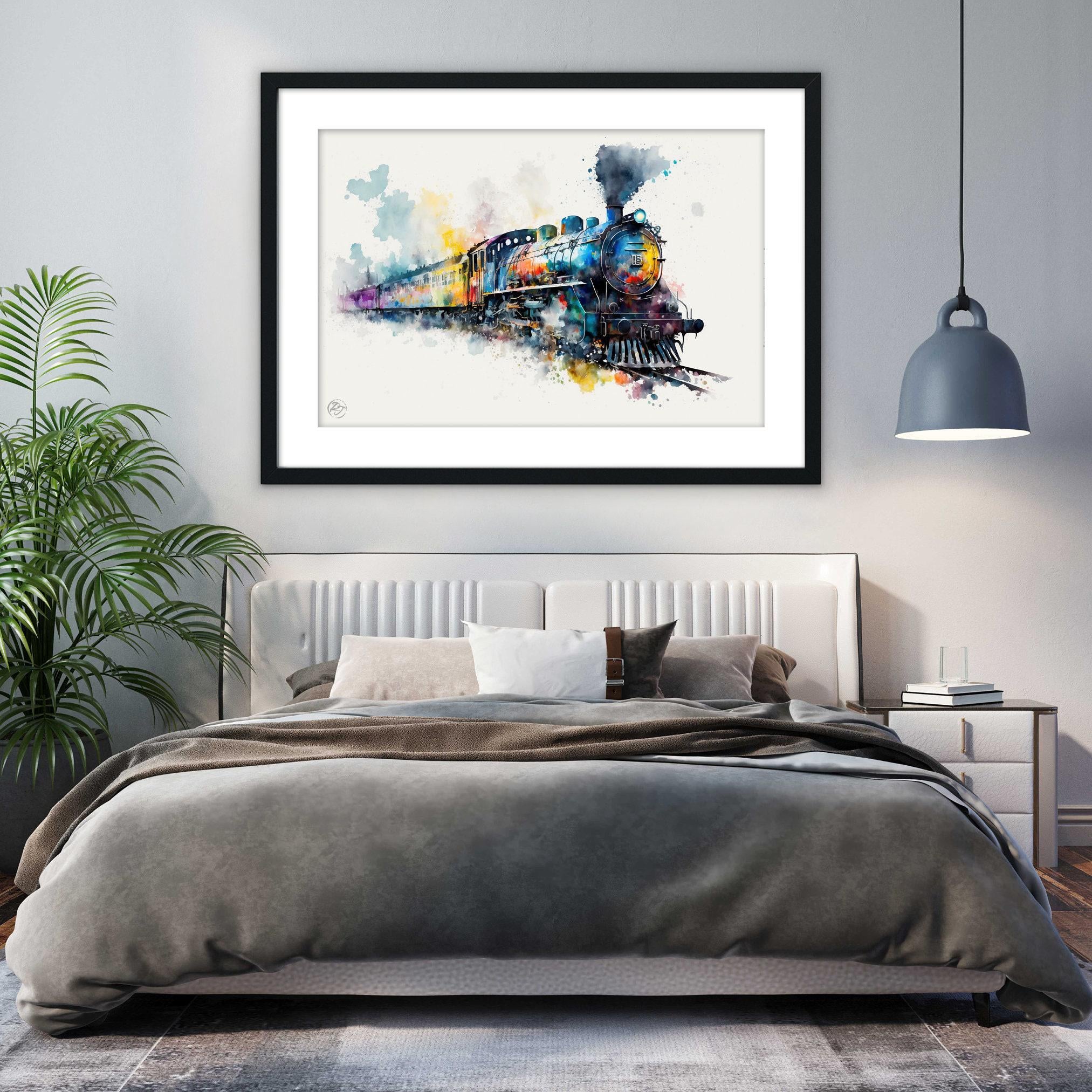 Vintage Locomotive: Watercolor Train Wall Art Print, Giclee Print on Canvas, Artist Paper, Watercolor Paper, Available in Extra Large Sizes