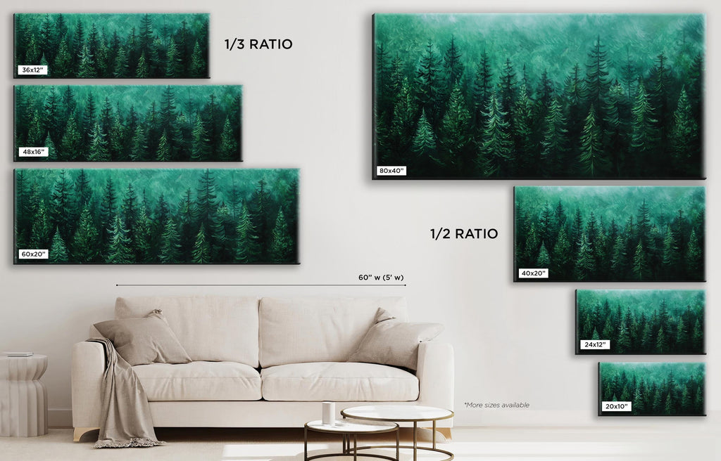 a living room with a white couch and green trees on the wall