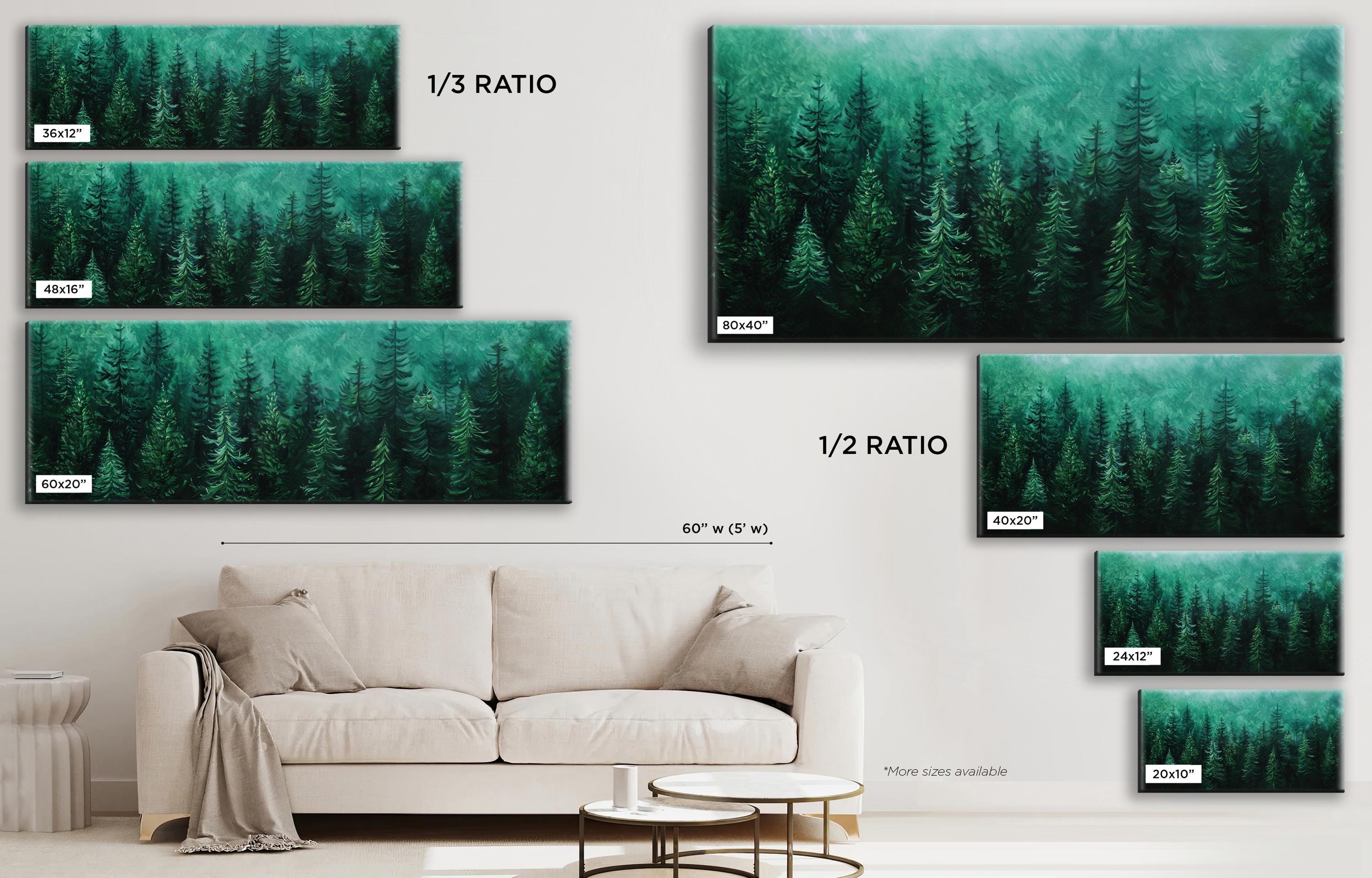 a living room with a white couch and green trees on the wall