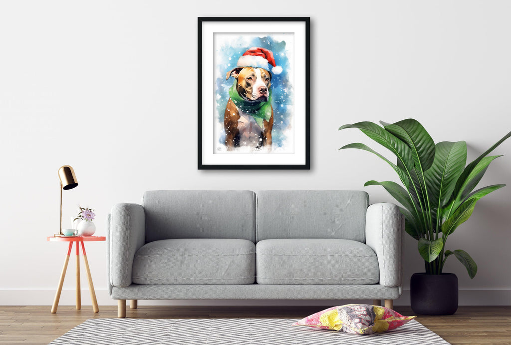 Festive Pitbull in Santa Hat Watercolor Art Print, Giclee Print on Canvas, Artist Paper, Watercolor Paper, Available in Extra Large Sizes