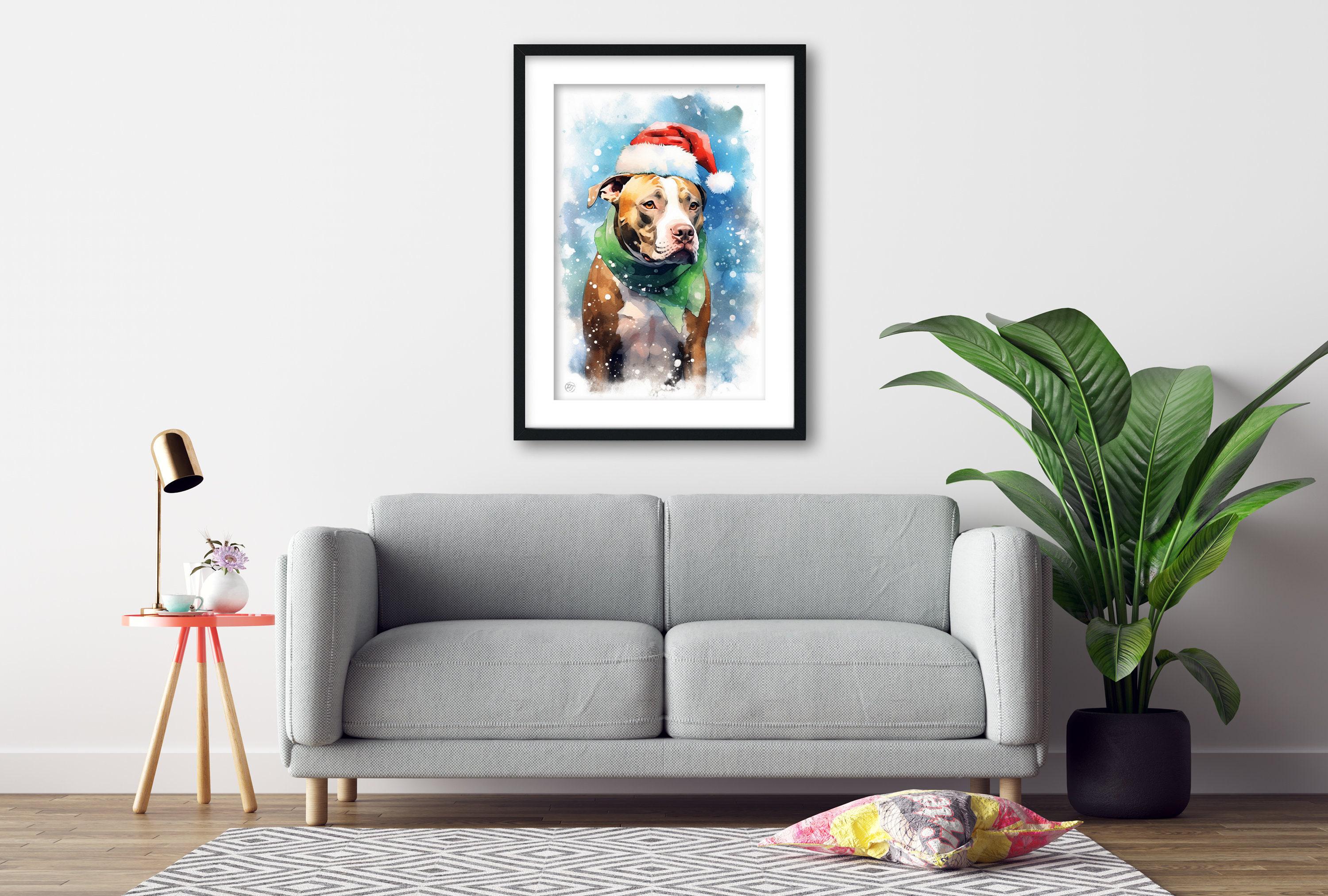 Festive Pitbull in Santa Hat Watercolor Art Print, Giclee Print on Canvas, Artist Paper, Watercolor Paper, Available in Extra Large Sizes