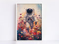 an astronaut floating in a colorful, flower-filled field.