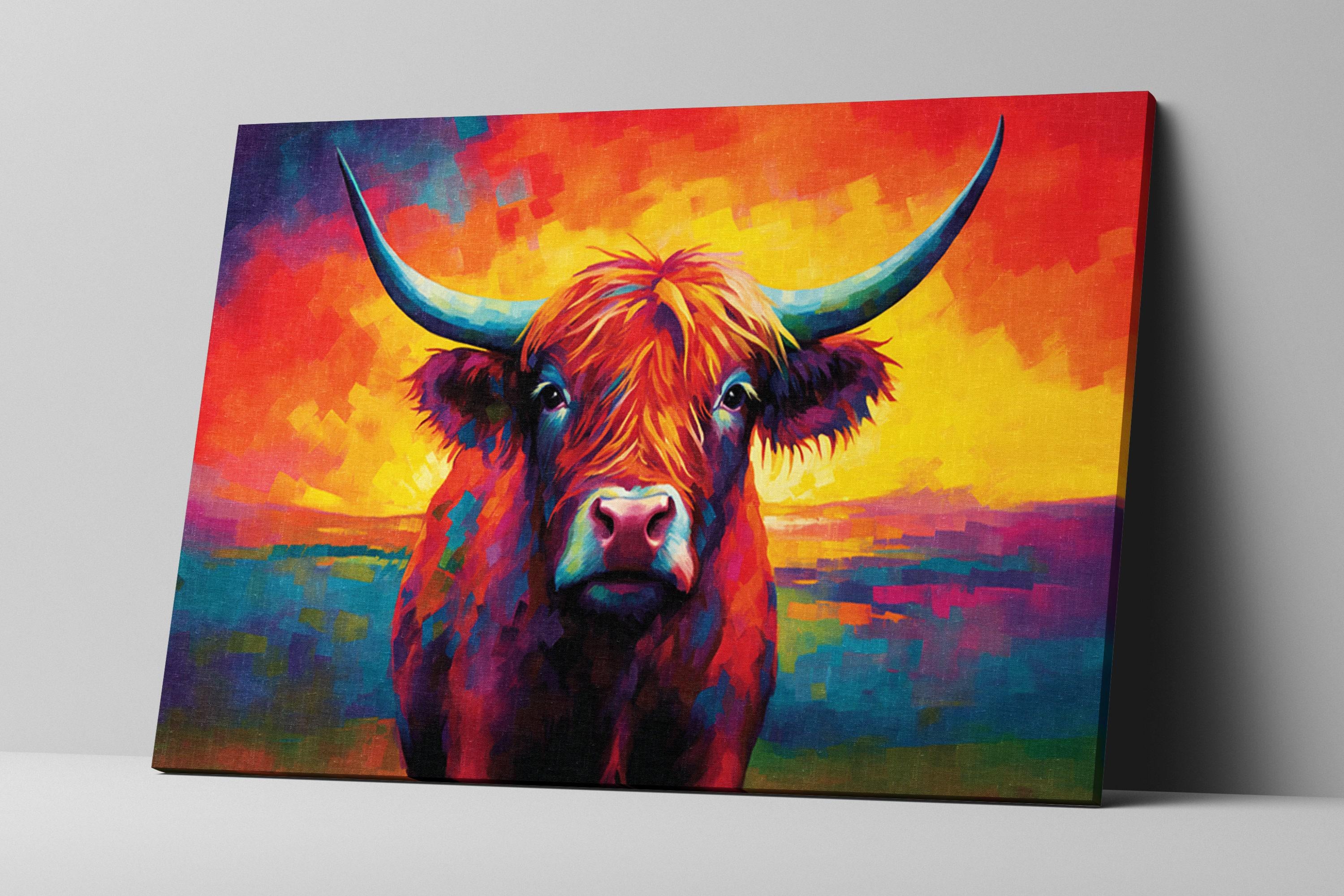 Highland Cow Art – Colorful Animal Canvas | Rustic Farmhouse Wall Decor, Extra Large Gallery Wrapped Canvas