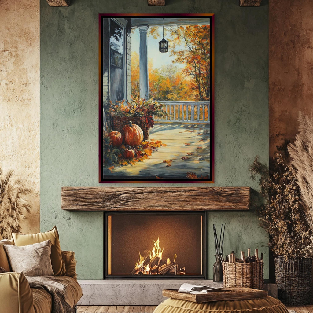 a cozy living room with a fireplace, a painting of a porch with pumpkins, and a comfortable couch.