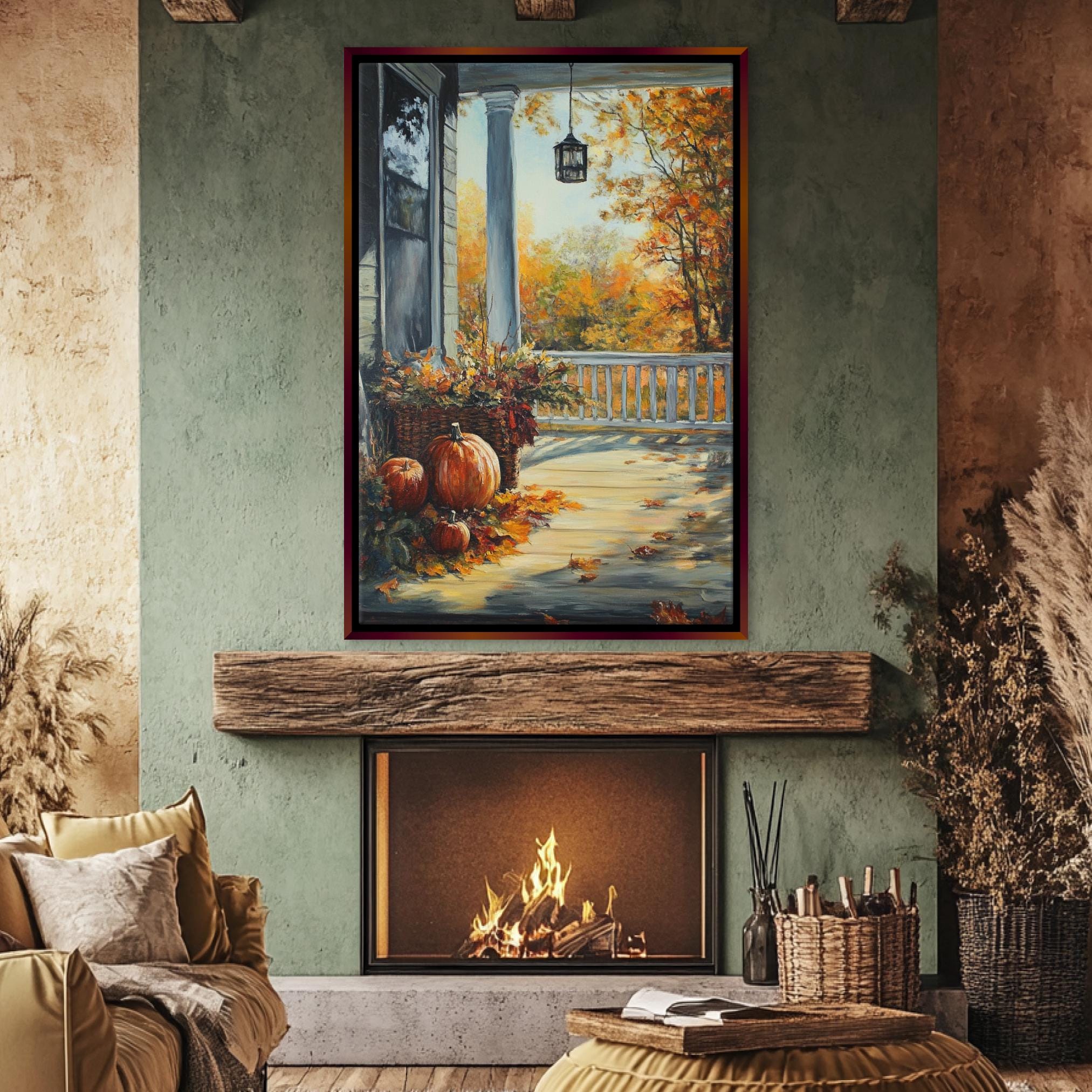 a cozy living room with a fireplace, a painting of a porch with pumpkins, and a comfortable couch.